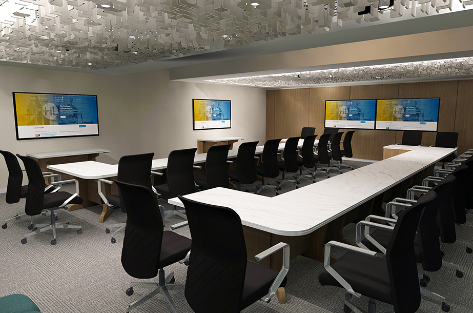 Detailed render design of upscale modular conference table in final environment