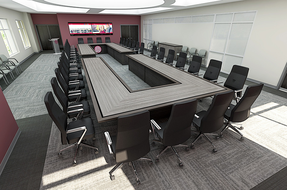 U shape table design render in final room environment facing video conference
