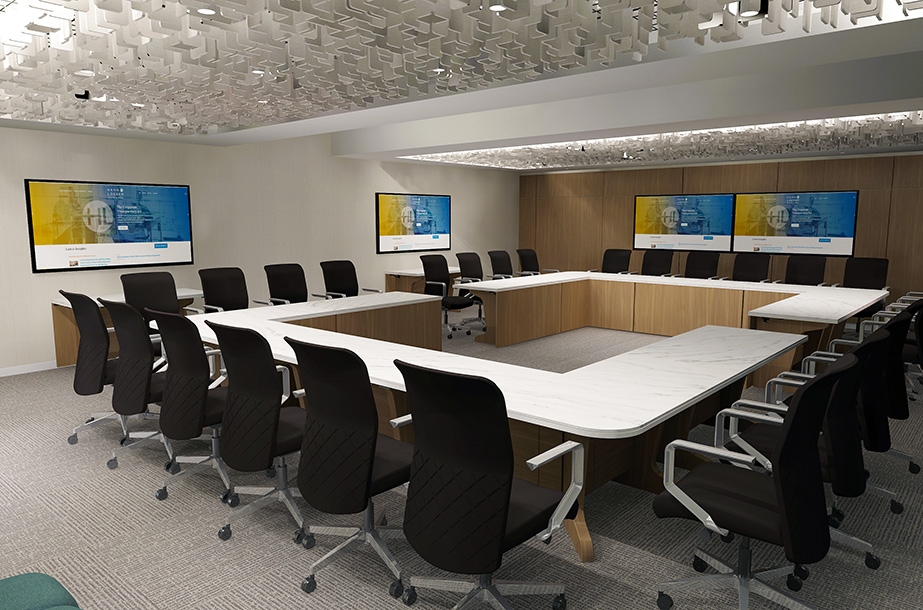 Detailed render design of upscale modular conference table in final environment