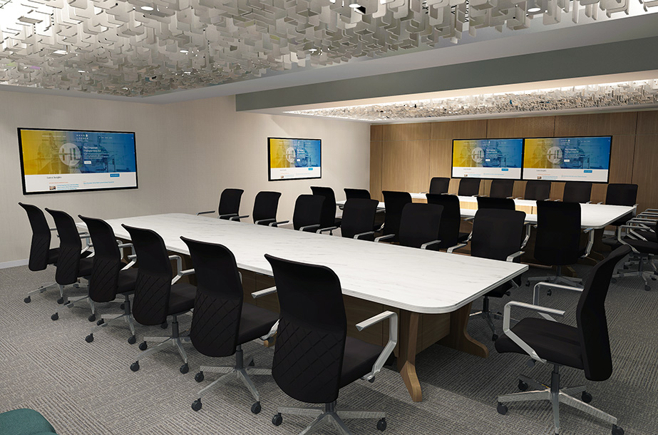 Detailed render design of upscale modular conference table in final environment