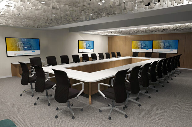 Detailed render design of upscale modular conference table in final environment