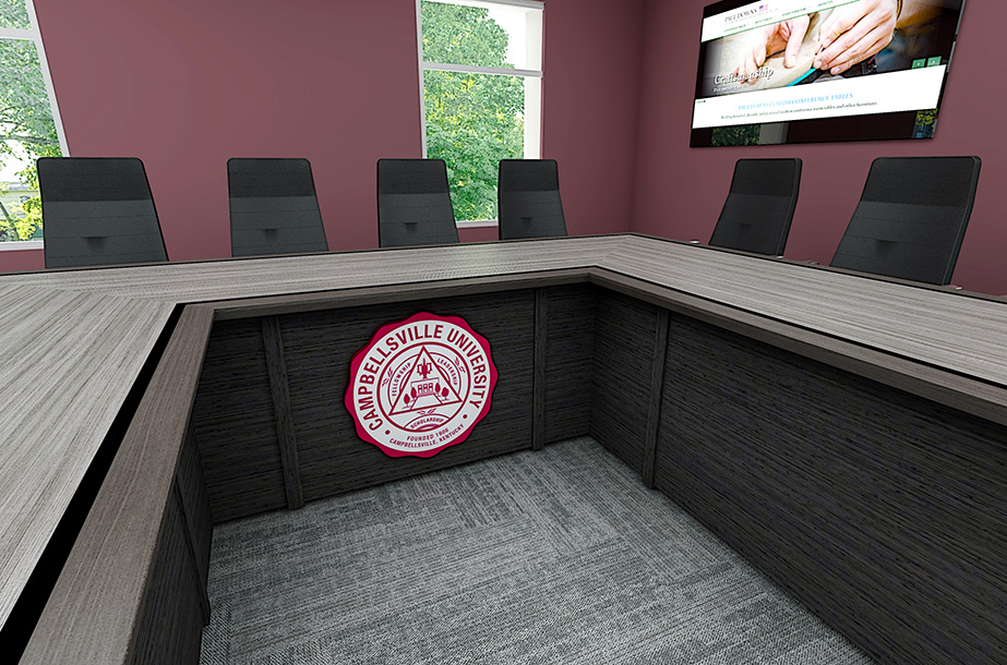 U shape conference table with custom laminate logo on header base panel
