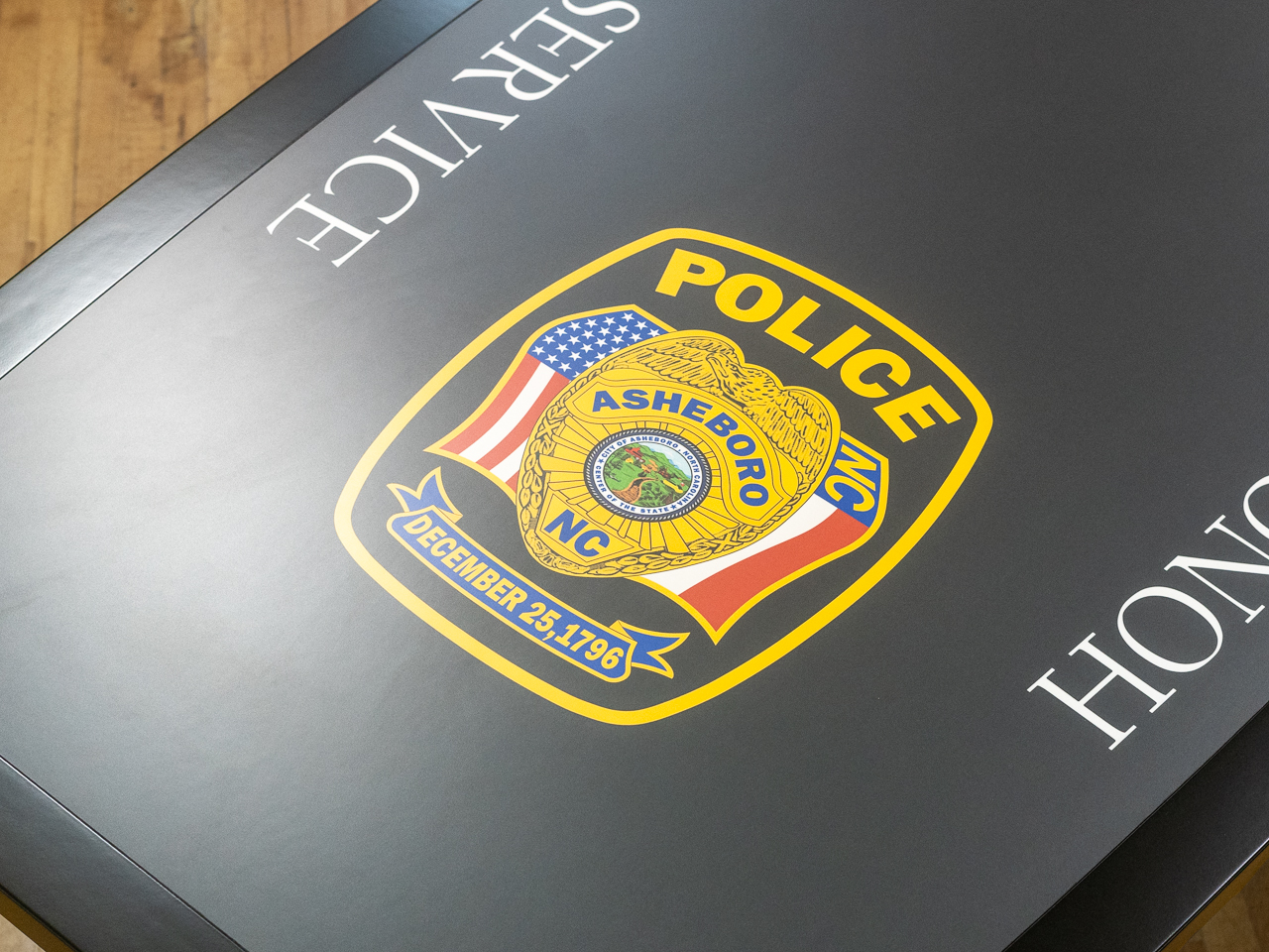 conference table with logo